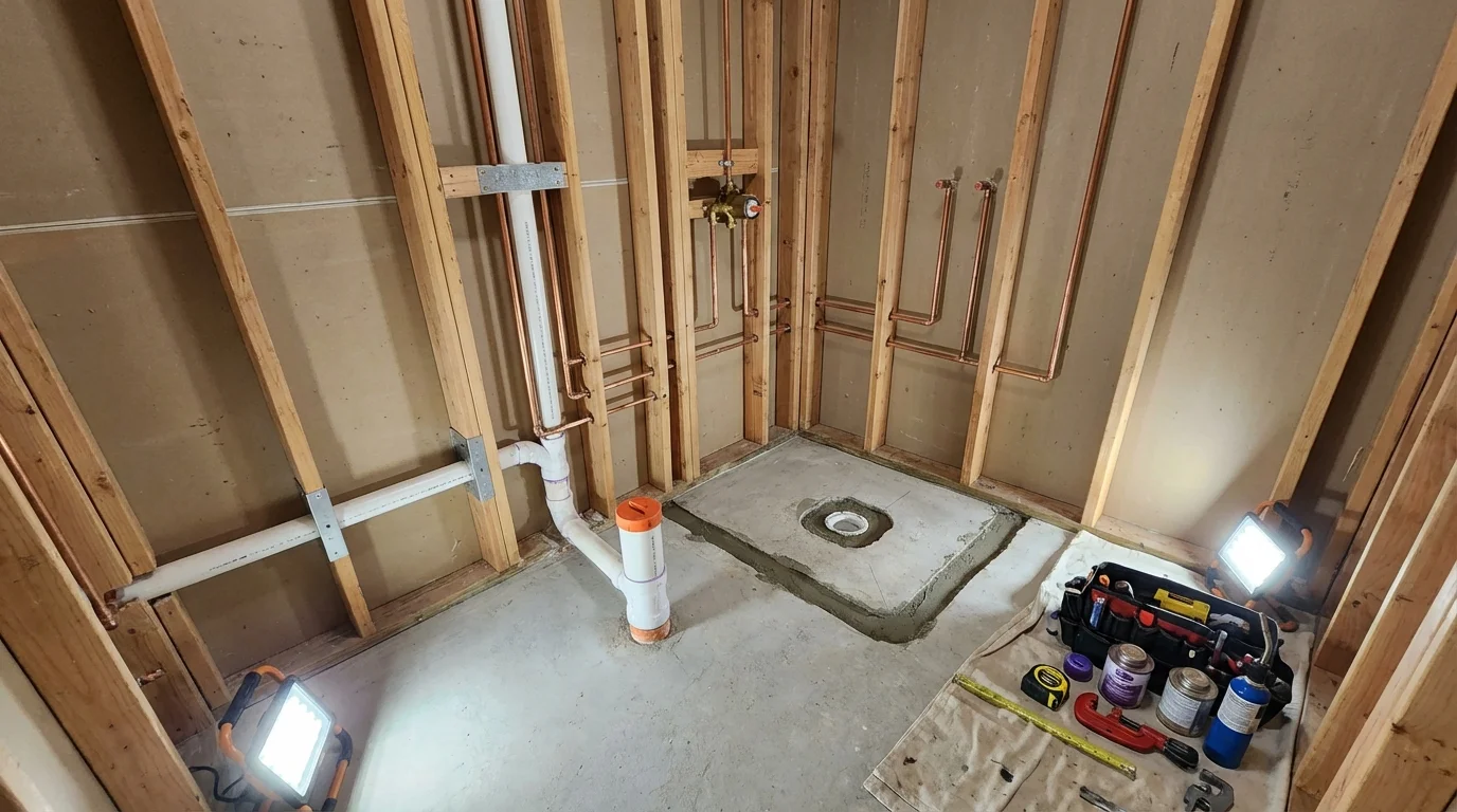 Bathroom rough-in plumbing during remodel by Johns Plumbing LLC in Sedgwick
