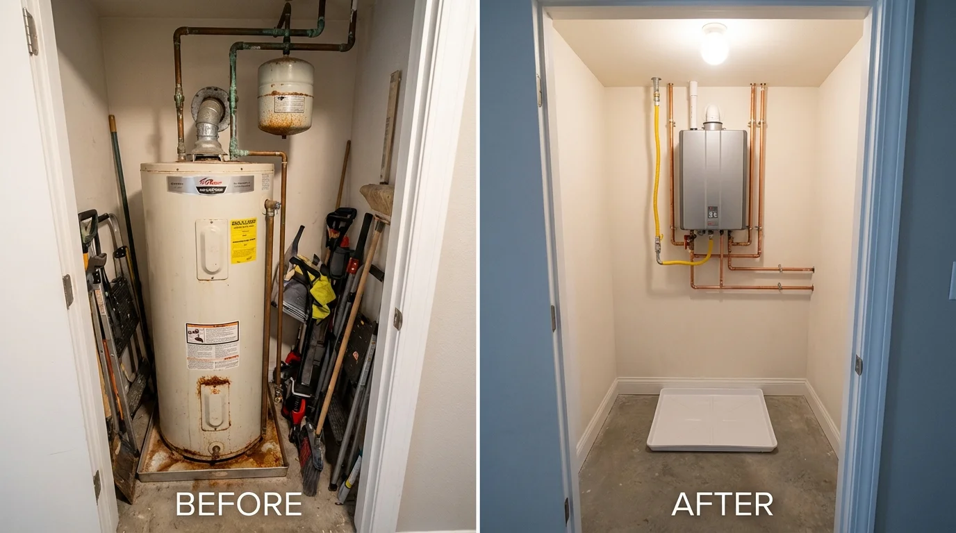 Tank water heater versus wall-mounted tankless unit comparison for Sedgwick, KS homeowners