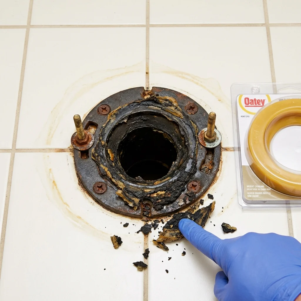 Failed wax ring showing water seepage at the base of a toilet in a Sedgwick, KS home