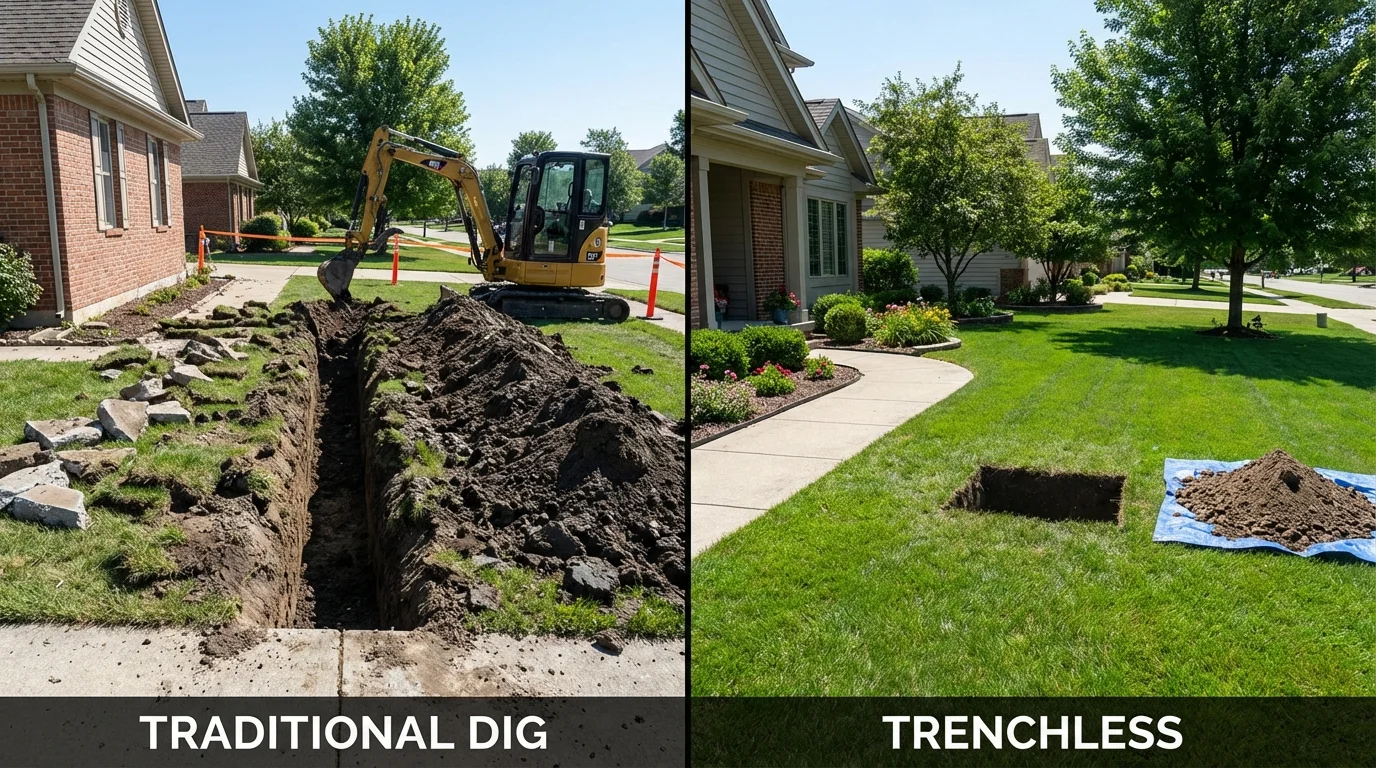Trenchless sewer repair with minimal yard damage versus traditional excavation in Sedgwick, KS