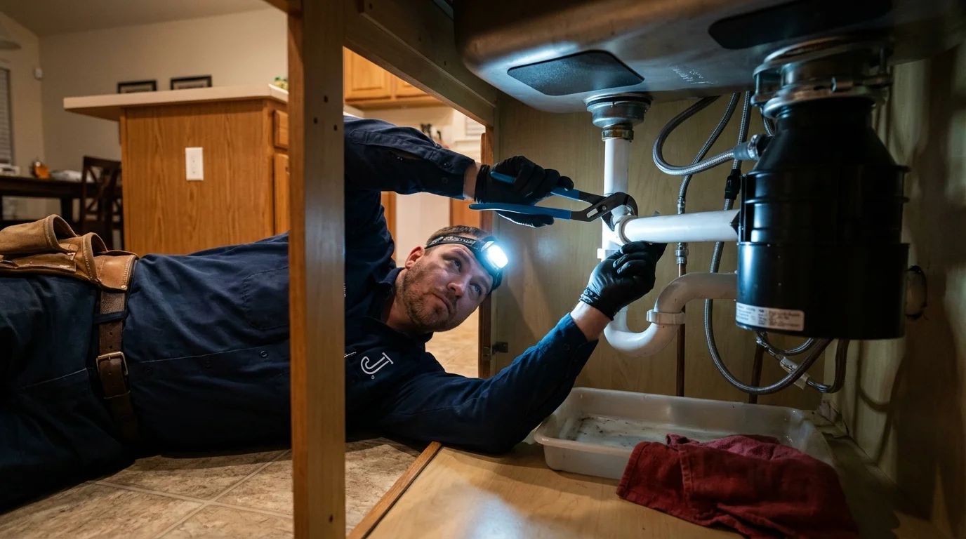 P-trap and supply line connections under a kitchen sink showing a common leak point in Sedgwick, KS